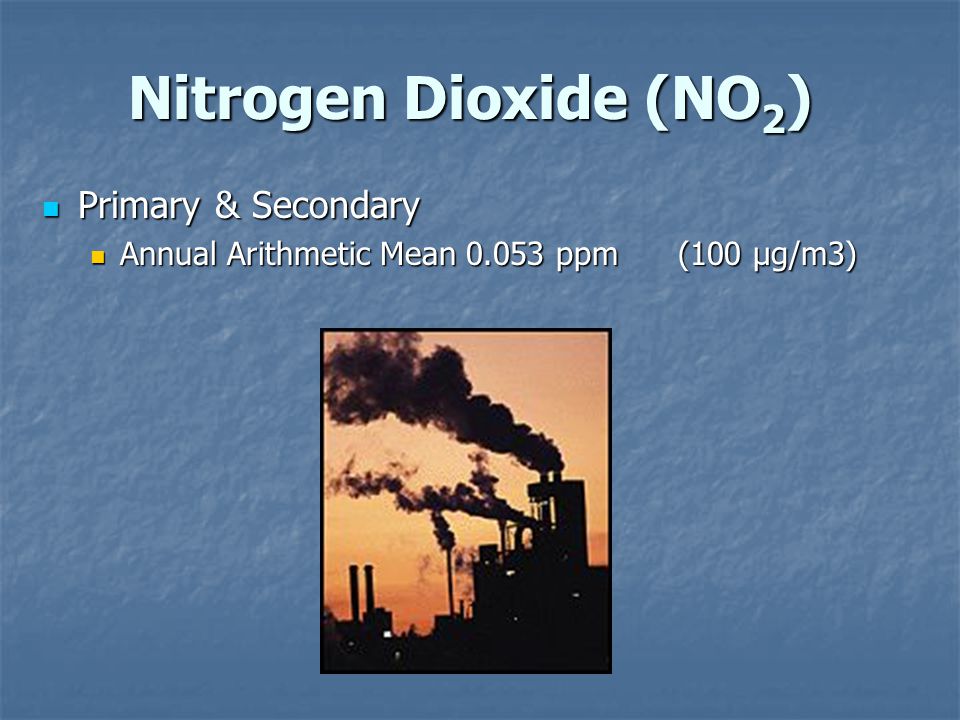 Nitrogen Dioxide (NO 2 ) Nitrogen Dioxide (NO 2 ) Primary & Secondary Primary & Secondary Annual Arithmetic Mean ppm (100 µg/m3) Annual Arithmetic Mean ppm (100 µg/m3)