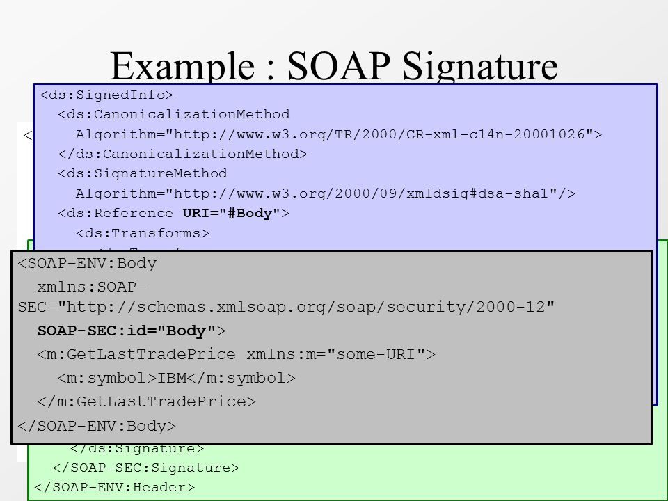Example : SOAP Signature <SOAP-ENV:Envelope xmlns:SOAP-ENV=   > … … <SOAP-SEC:Signature xmlns:SOAP-SEC=   SOAP-ENV:actor= some-URI SOAP-ENV:mustUnderstand= 1 > … MC0CFFrVLtRlk=...