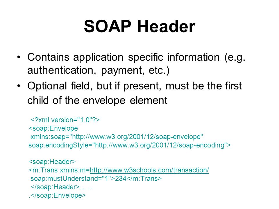 SOAP Header Contains application specific information (e.g.