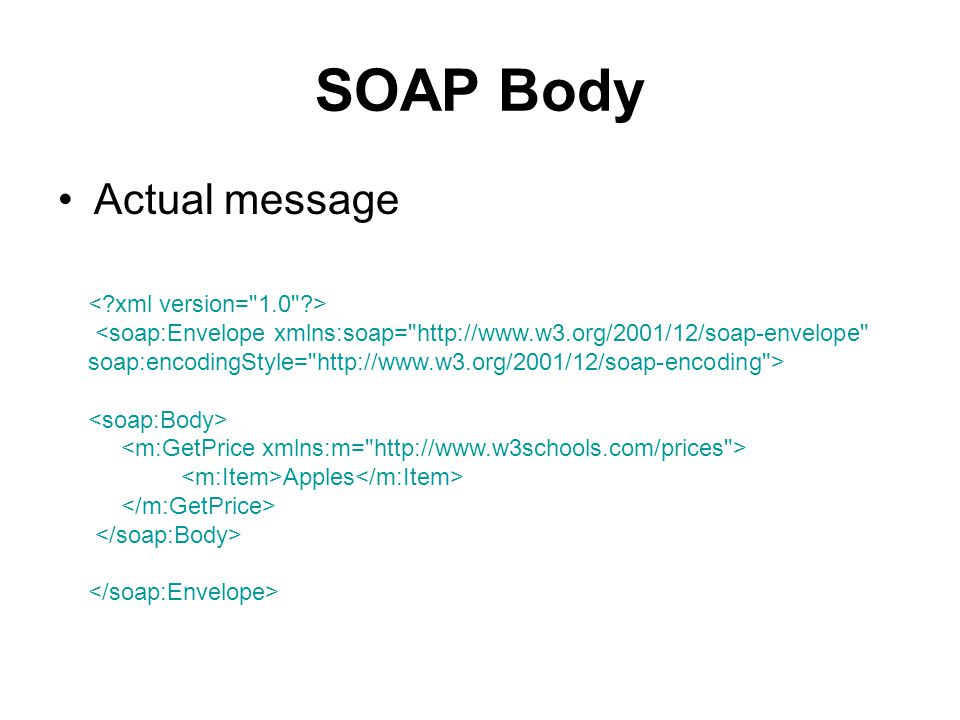 SOAP Body Actual message <soap:Envelope xmlns:soap=   soap:encodingStyle=   > Apples