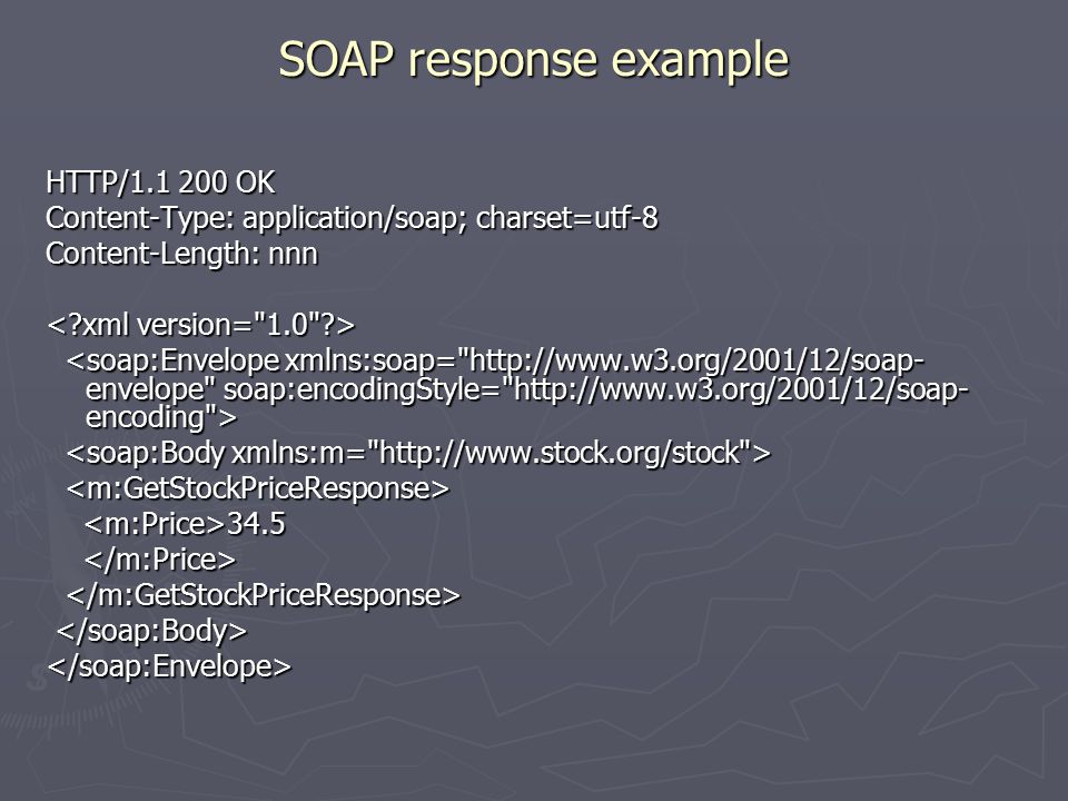 SOAP response example HTTP/ OK Content-Type: application/soap; charset=utf-8 Content-Length: nnn </soap:Envelope>
