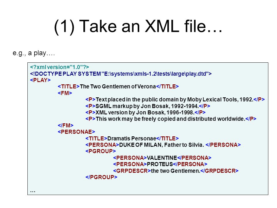 (1) Take an XML file… e.g., a play….