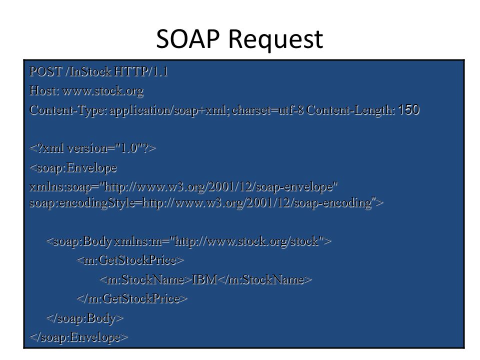 SOAP Request POST /InStock HTTP/1.1 Host:   Content-Type: application/soap+xml; charset=utf-8 Content-Length: 150 <soap:Envelope xmlns:soap=   soap:encodingStyle=  > IBM IBM </soap:Envelope>