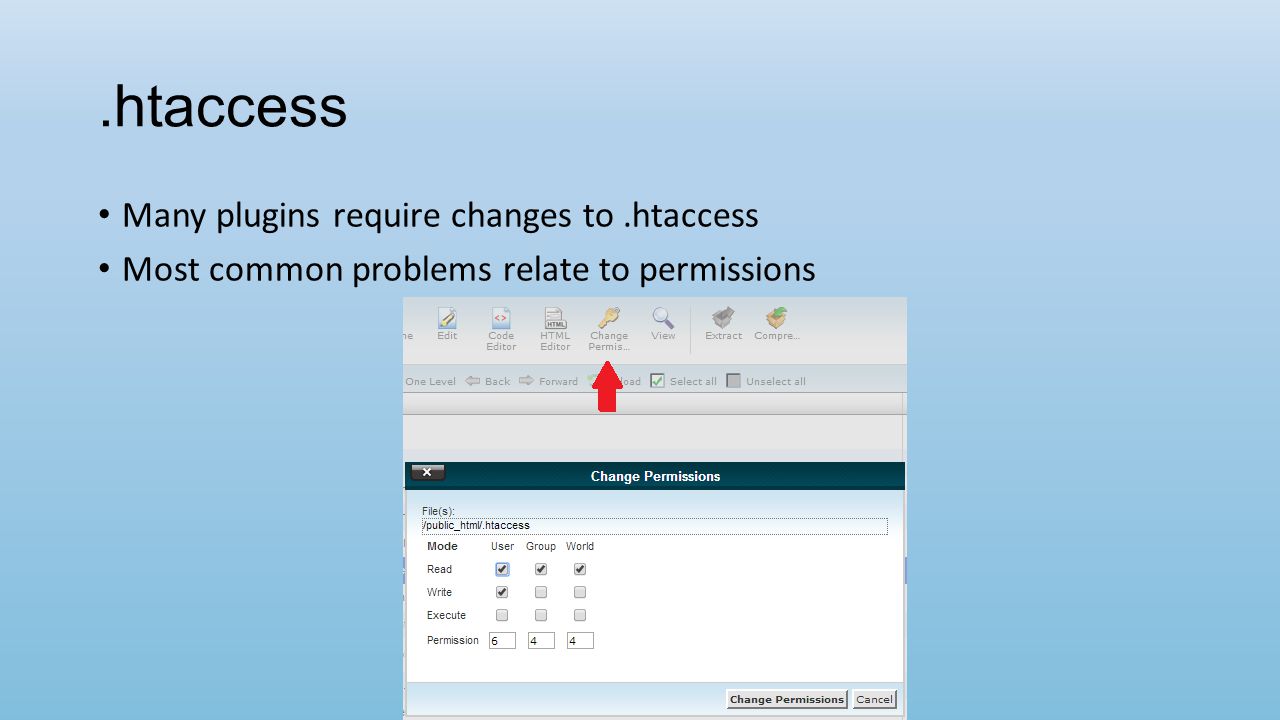 .htaccess Many plugins require changes to.htaccess Most common problems relate to permissions