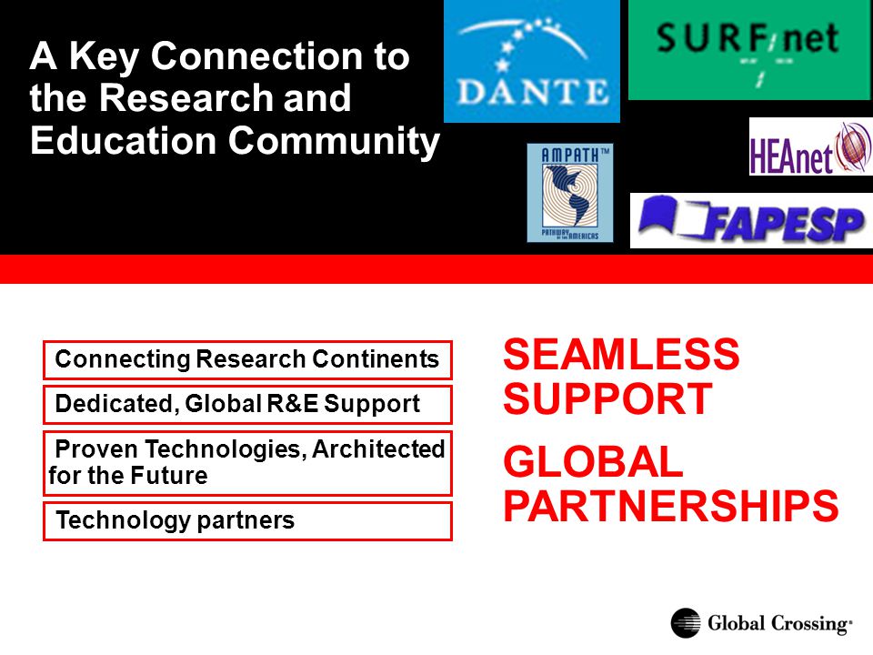 A Key Connection to the Research and Education Community Connecting Research Continents Proven Technologies, Architected for the Future Dedicated, Global R&E Support Technology partners SEAMLESS SUPPORT GLOBAL PARTNERSHIPS
