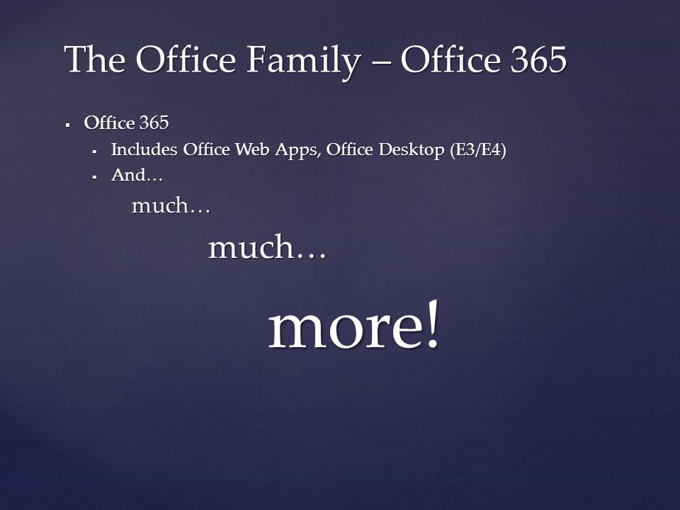  Office 365  Includes Office Web Apps, Office Desktop (E3/E4)  And… much… much… much…more.