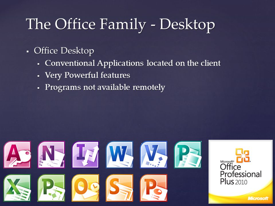  Office Desktop  Conventional Applications located on the client  Very Powerful features  Programs not available remotely The Office Family - Desktop