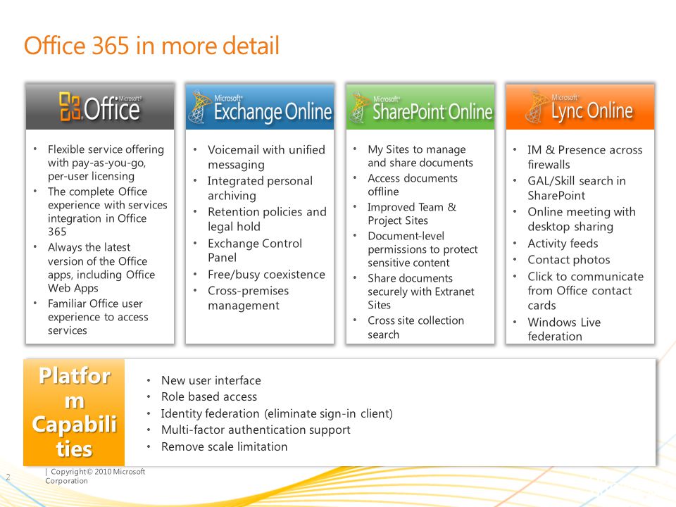 | Copyright© 2010 Microsoft Corporation Office 365 in more detail 2 New user interface Role based access Identity federation (eliminate sign-in client) Multi-factor authentication support Remove scale limitation New user interface Role based access Identity federation (eliminate sign-in client) Multi-factor authentication support Remove scale limitation Platfor m Capabili ties My Sites to manage and share documents Access documents offline Improved Team & Project Sites Document-level permissions to protect sensitive content Share documents securely with Extranet Sites Cross site collection search Flexible service offering with pay-as-you-go, per-user licensing The complete Office experience with services integration in Office 365 Always the latest version of the Office apps, including Office Web Apps Familiar Office user experience to access services Voic with unified messaging Integrated personal archiving Retention policies and legal hold Exchange Control Panel Free/busy coexistence Cross-premises management IM & Presence across firewalls GAL/Skill search in SharePoint Online meeting with desktop sharing Activity feeds Contact photos Click to communicate from Office contact cards Windows Live federation