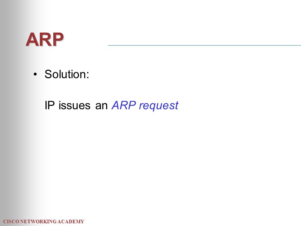 CISCO NETWORKING ACADEMY ARP Solution: IP issues an ARP request