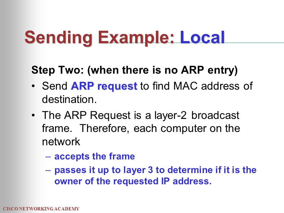 CISCO NETWORKING ACADEMY Sending Example: Local Step Two: (when there is no ARP entry) ARP requestSend ARP request to find MAC address of destination.