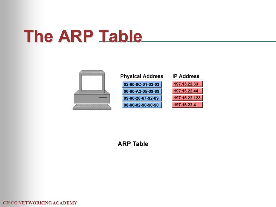CISCO NETWORKING ACADEMY The ARP Table
