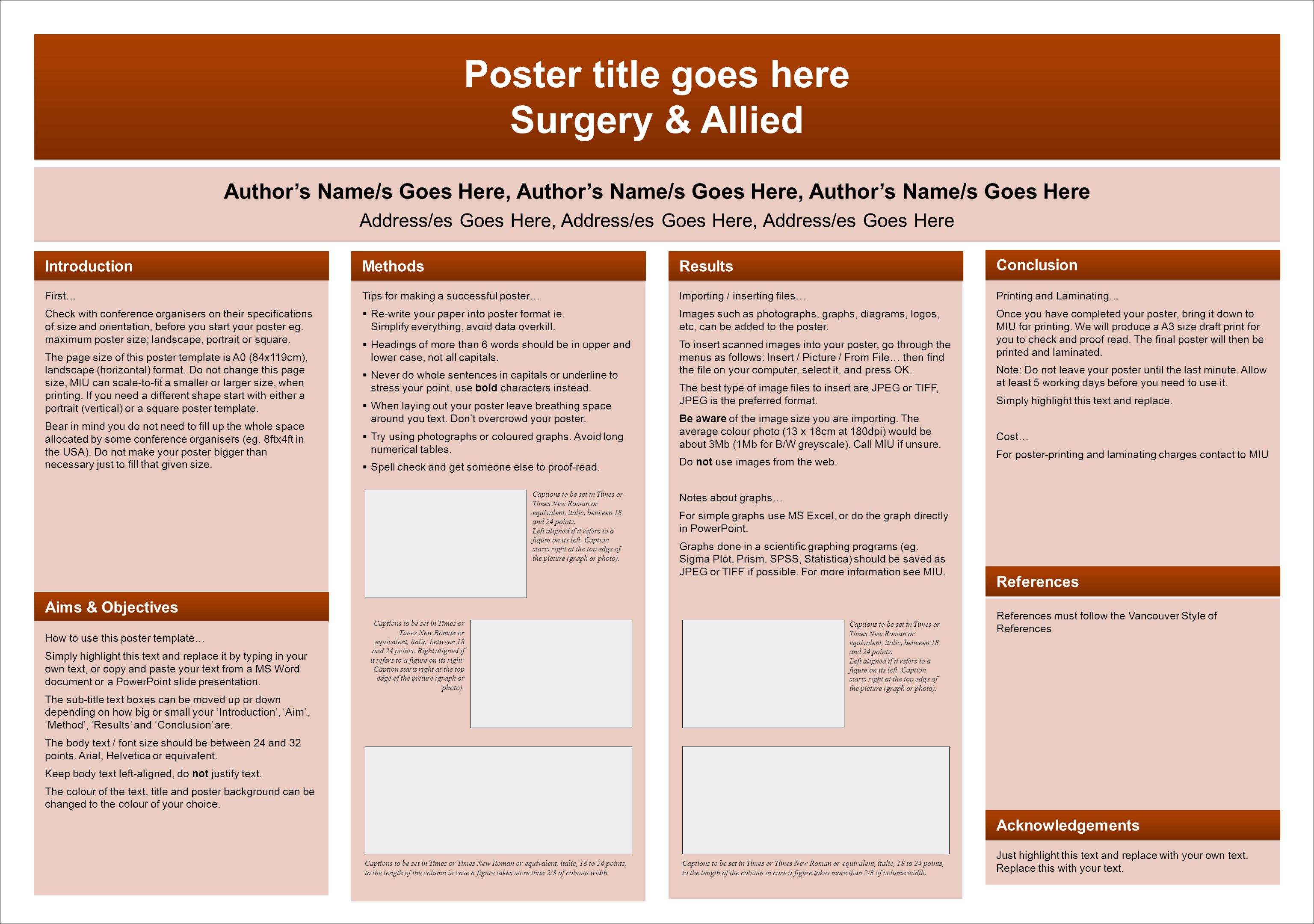 Poster title goes here Surgery & Allied Poster title goes here Surgery & Allied Author’s Name/s Goes Here, Author’s Name/s Goes Here, Author’s Name/s Goes Here Address/es Goes Here, Address/es Goes Here, Address/es Goes Here First… Check with conference organisers on their specifications of size and orientation, before you start your poster eg.
