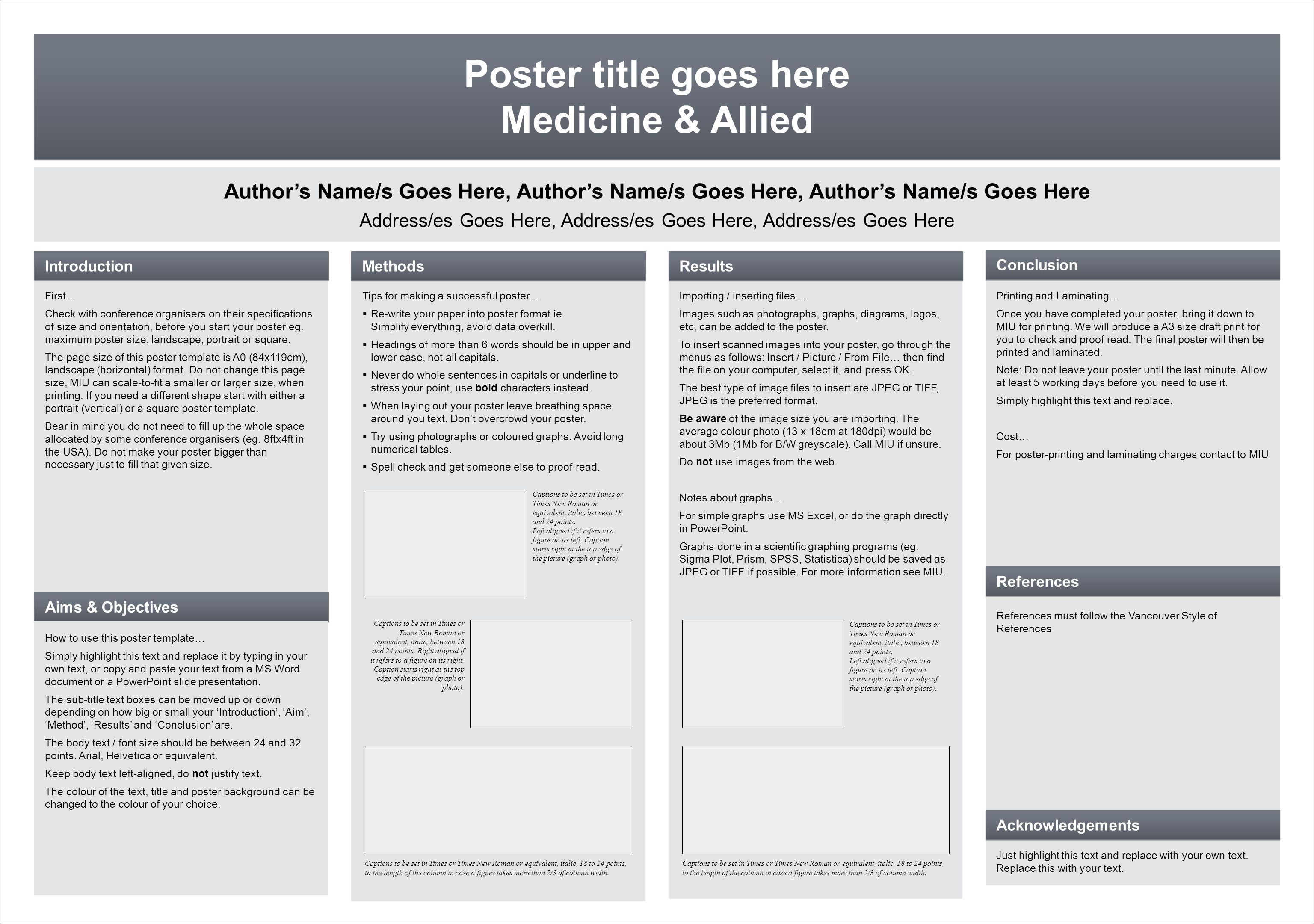 Poster title goes here Medicine & Allied Poster title goes here Medicine & Allied Author’s Name/s Goes Here, Author’s Name/s Goes Here, Author’s Name/s Goes Here Address/es Goes Here, Address/es Goes Here, Address/es Goes Here First… Check with conference organisers on their specifications of size and orientation, before you start your poster eg.