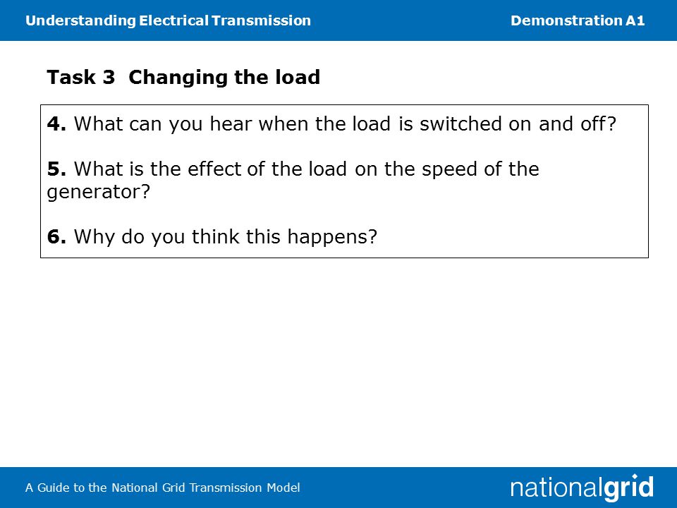 Understanding Electrical TransmissionDemonstration A1 A Guide to the National Grid Transmission Model Task 3 Changing the load 4.