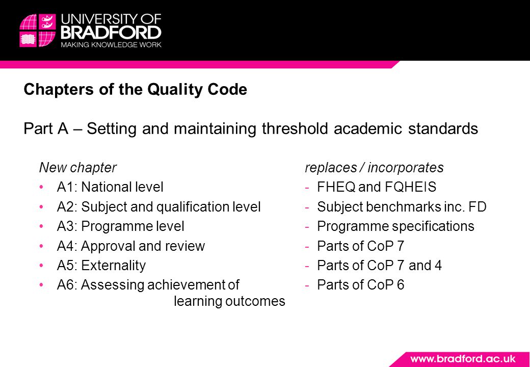 Chapters of the Quality Code Part A – Setting and maintaining threshold academic standards New chapter A1: National level A2: Subject and qualification level A3: Programme level A4: Approval and review A5: Externality A6: Assessing achievement of learning outcomes replaces / incorporates - FHEQ and FQHEIS - Subject benchmarks inc.