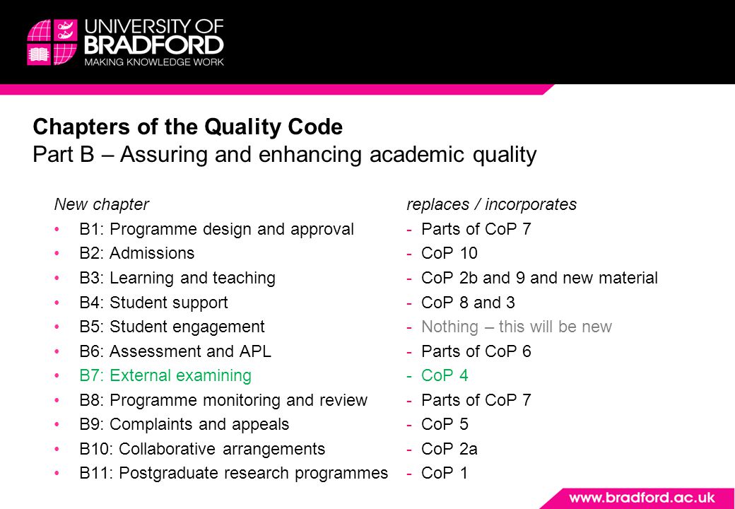 New chapter B1: Programme design and approval B2: Admissions B3: Learning and teaching B4: Student support B5: Student engagement B6: Assessment and APL B7: External examining B8: Programme monitoring and review B9: Complaints and appeals B10: Collaborative arrangements B11: Postgraduate research programmes Chapters of the Quality Code Part B – Assuring and enhancing academic quality replaces / incorporates - Parts of CoP 7 - CoP 10 - CoP 2b and 9 and new material - CoP 8 and 3 - Nothing – this will be new - Parts of CoP 6 - CoP 4 - Parts of CoP 7 - CoP 5 - CoP 2a - CoP 1