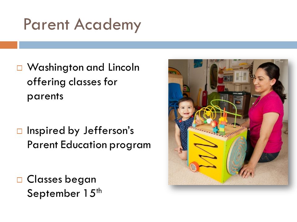 Parent Academy  Washington and Lincoln offering classes for parents  Inspired by Jefferson’s Parent Education program  Classes began September 15 th