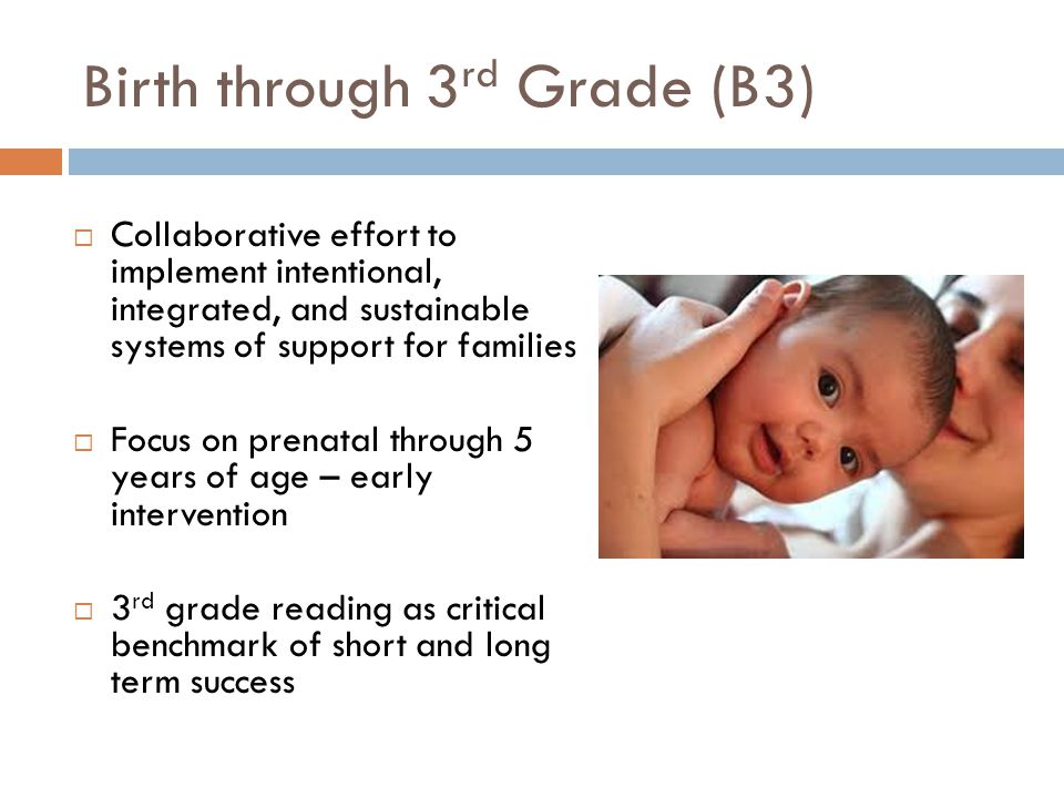 Birth through 3 rd Grade (B3)  Collaborative effort to implement intentional, integrated, and sustainable systems of support for families  Focus on prenatal through 5 years of age – early intervention  3 rd grade reading as critical benchmark of short and long term success