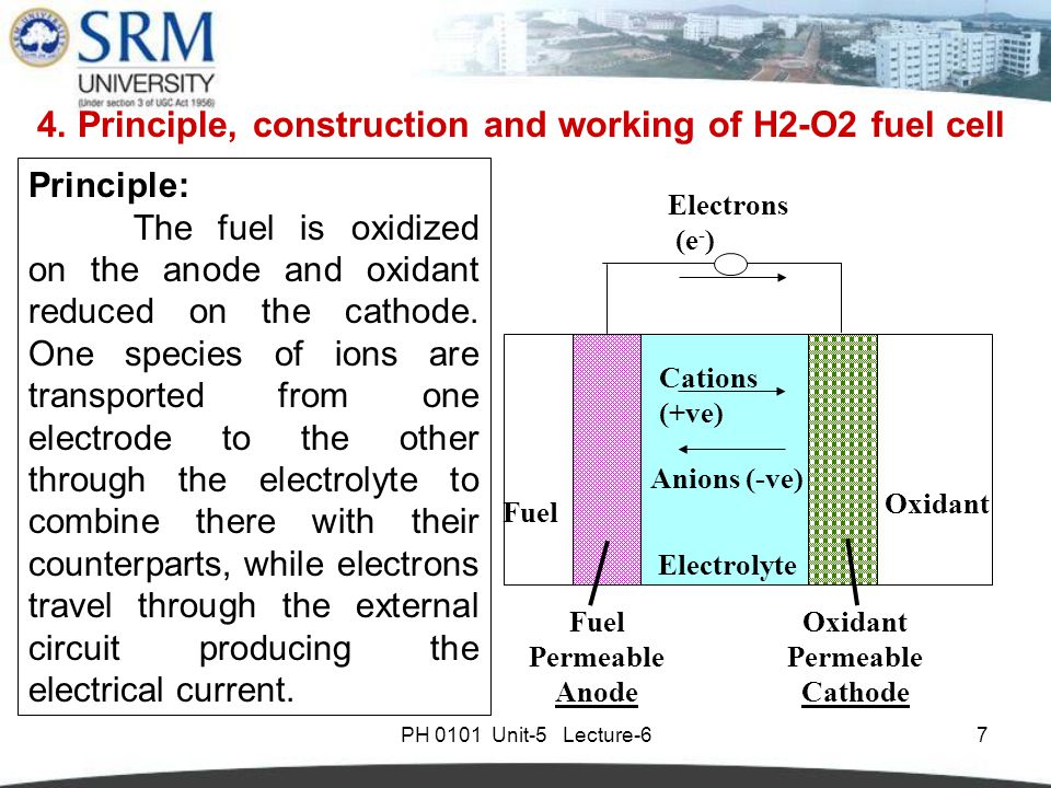 7 Principle: The fuel is oxidized on the anode and oxidant reduced on the cathode.