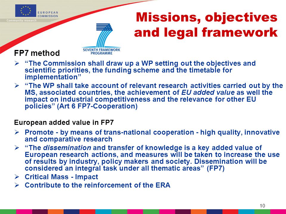 10 Missions, objectives and legal framework FP7 method  The Commission shall draw up a WP setting out the objectives and scientific priorities, the funding scheme and the timetable for implementation  The WP shall take account of relevant research activities carried out by the MS, associated countries, the achievement of EU added value as well the impact on industrial competitiveness and the relevance for other EU policies (Art 6 FP7-Cooperation) European added value in FP7  Promote - by means of trans-national cooperation - high quality, innovative and comparative research  The dissemination and transfer of knowledge is a key added value of European research actions, and measures will be taken to increase the use of results by industry, policy makers and society.