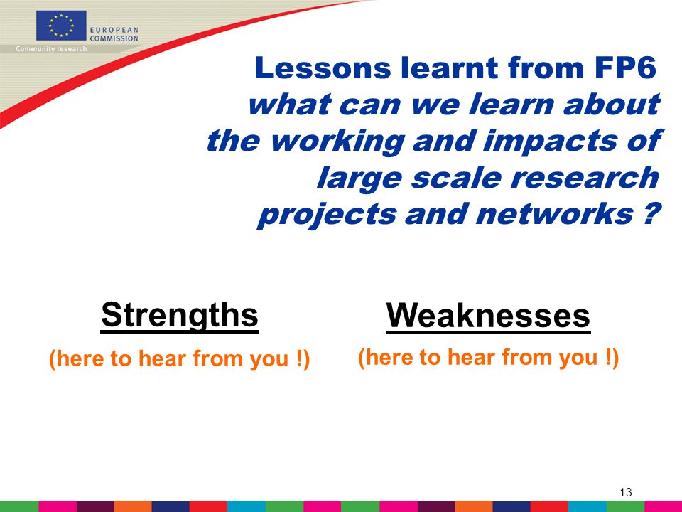 13 Lessons learnt from FP6 what can we learn about the working and impacts of large scale research projects and networks .