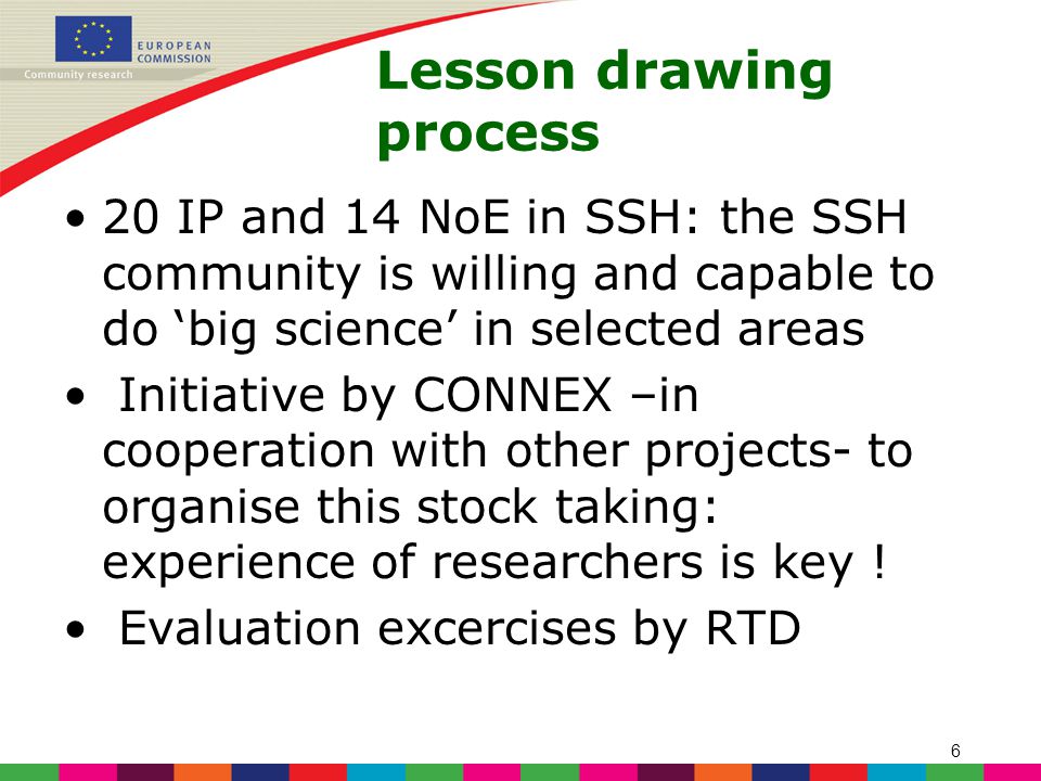6 Lesson drawing process 20 IP and 14 NoE in SSH: the SSH community is willing and capable to do ‘big science’ in selected areas Initiative by CONNEX –in cooperation with other projects- to organise this stock taking: experience of researchers is key .