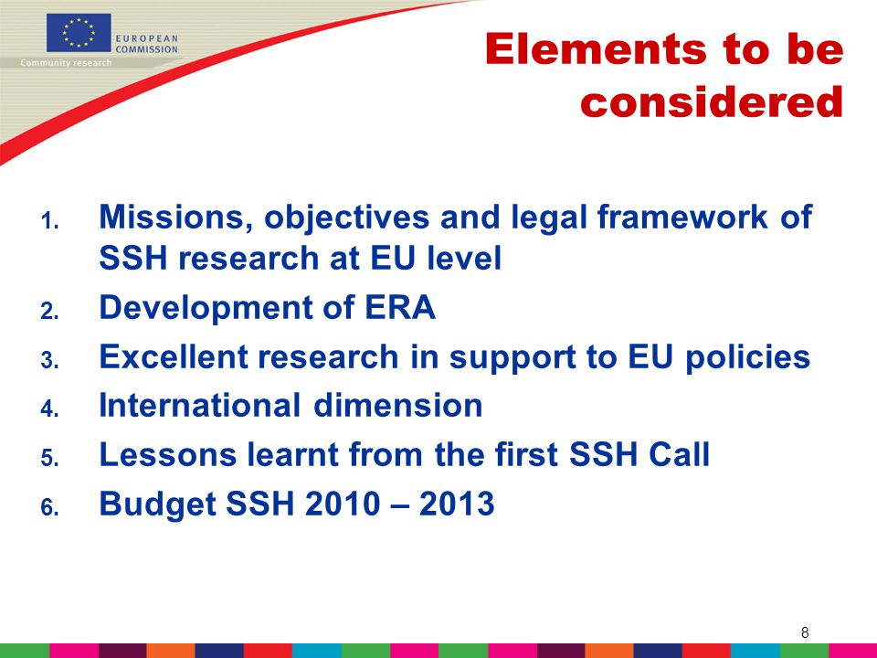 8 1. Missions, objectives and legal framework of SSH research at EU level 2.