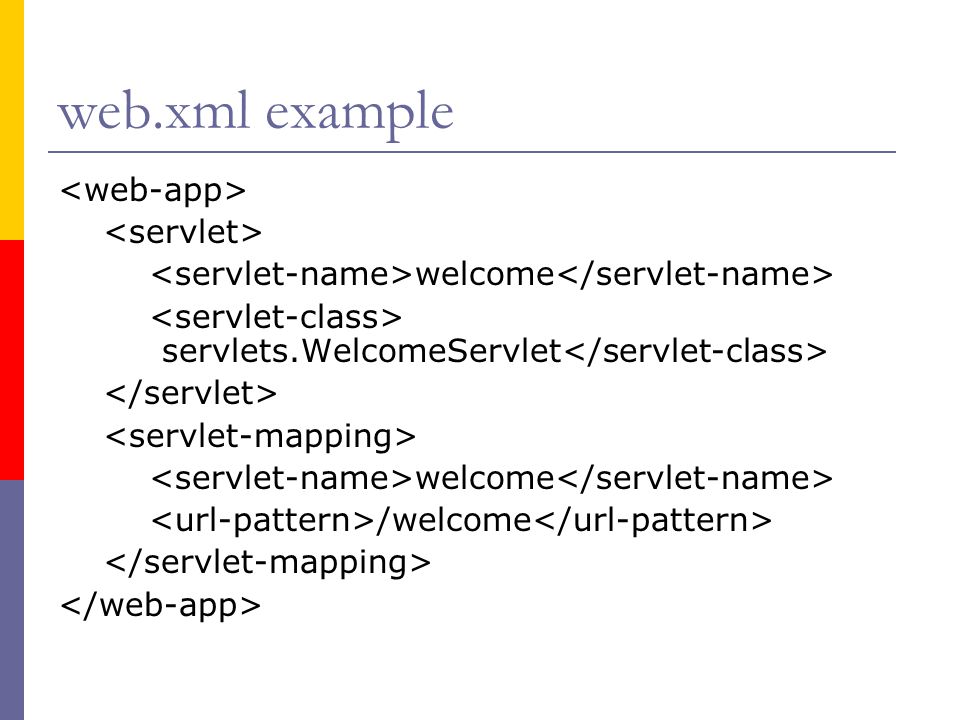 web.xml example welcome servlets.WelcomeServlet welcome /welcome
