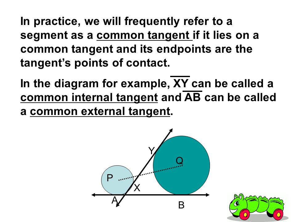 In practice, we will frequently refer to a segment as a common tangent if it lies on a common tangent and its endpoints are the tangent’s points of contact.