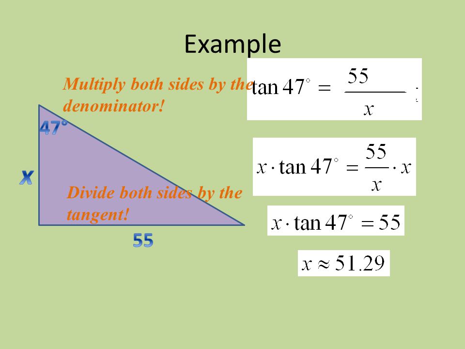 Example Multiply both sides by the denominator! Divide both sides by the tangent!