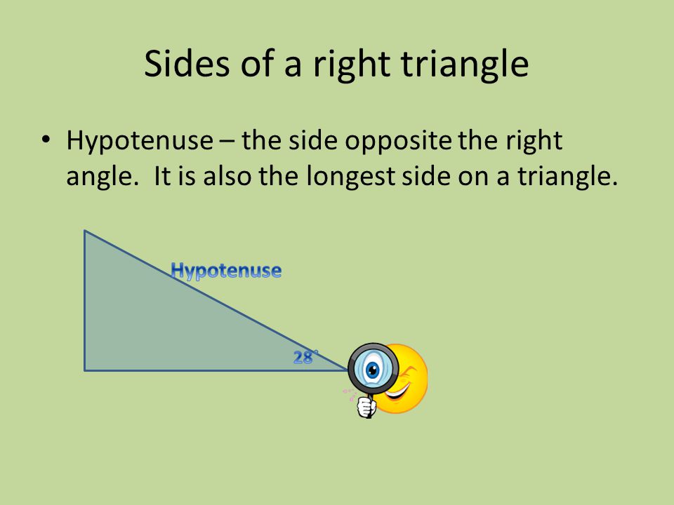 Sides of a right triangle Hypotenuse – the side opposite the right angle.