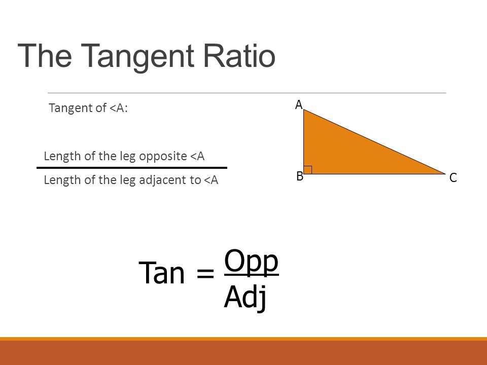 The Tangent Ratio Tangent of <A: Length of the leg opposite <A Length of the leg adjacent to <A Tan = A B C Opp Adj