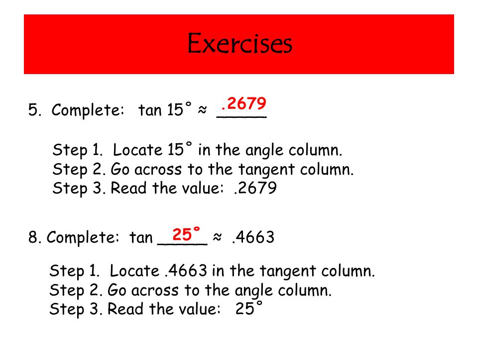 Exercises 5. Complete: tan 15˚ ≈ _____ Step 1. Locate 15˚ in the angle column.