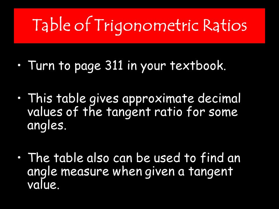 Table of Trigonometric Ratios Turn to page 311 in your textbook.