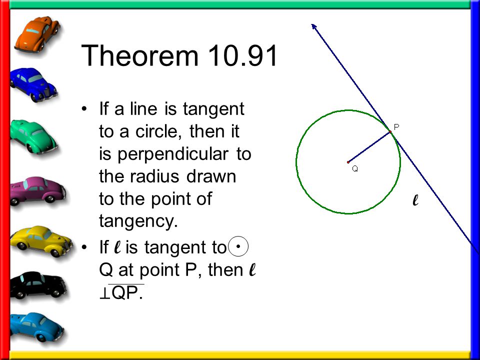 Theorem If a line is tangent to a circle, then it is perpendicular to the radius drawn to the point of tangency.