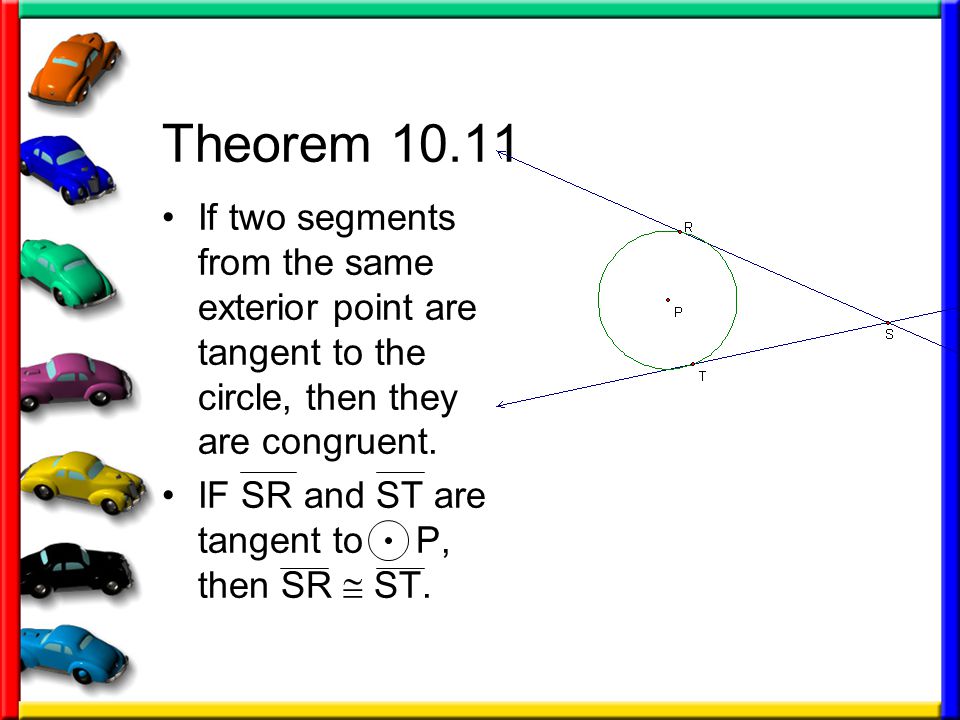 Theorem If two segments from the same exterior point are tangent to the circle, then they are congruent.