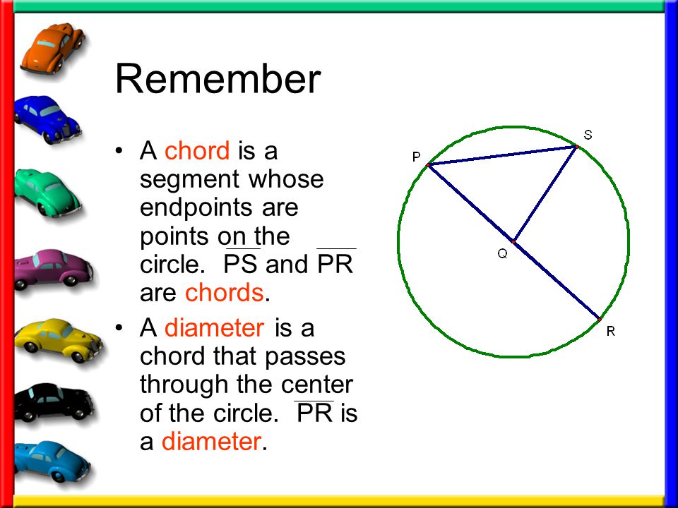 Remember A chord is a segment whose endpoints are points on the circle.