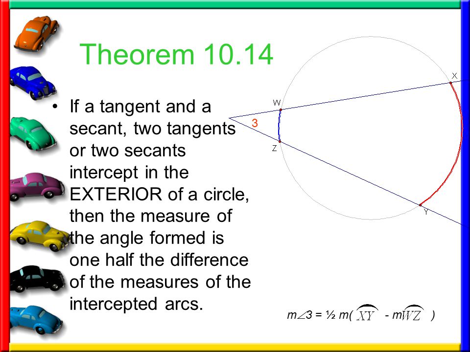 Theorem If a tangent and a secant, two tangents or two secants intercept in the EXTERIOR of a circle, then the measure of the angle formed is one half the difference of the measures of the intercepted arcs.