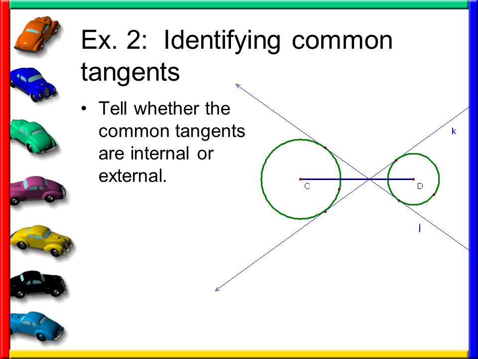 Ex. 2: Identifying common tangents Tell whether the common tangents are internal or external.