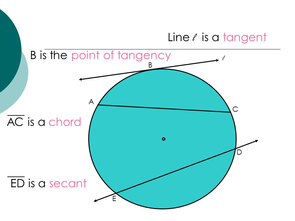 A B C D E l AC is a chord Line l is a tangent ED is a secant B is the point of tangency