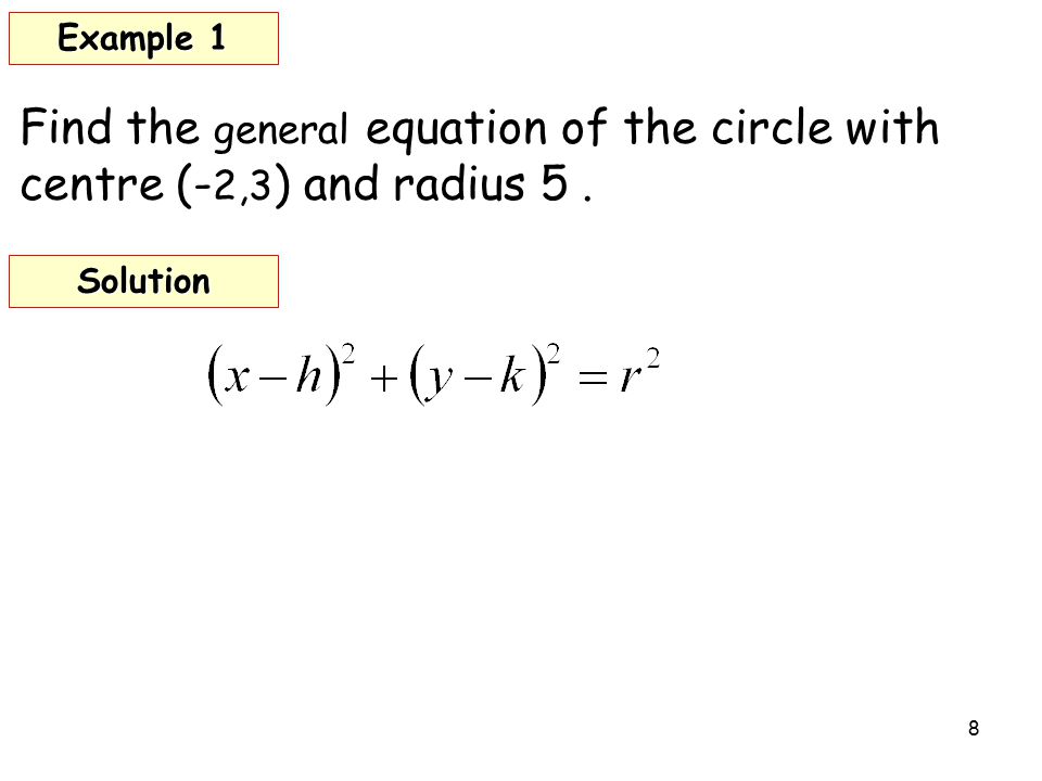 1 Objectives 4 Circles A Determine The Equation Of Circle 8 Find The General Equation Of Circle With Centre 2 3 And Radius 5 Example 1 Solution