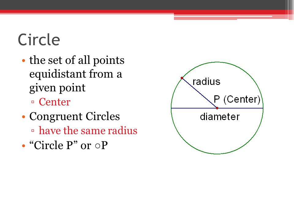 Circle the set of all points equidistant from a given point ▫Center Congruent Circles ▫have the same radius Circle P or ○ P