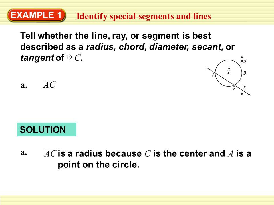EXAMPLE 1 Identify special segments and lines Tell whether the line, ray, or segment is best described as a radius, chord, diameter, secant, or tangent of C.