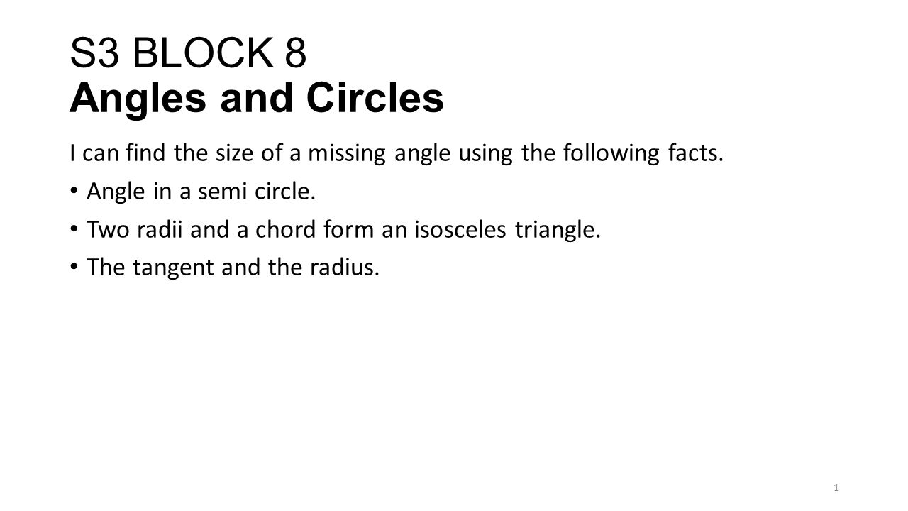 S3 BLOCK 8 Angles and Circles I can find the size of a missing angle using the following facts.