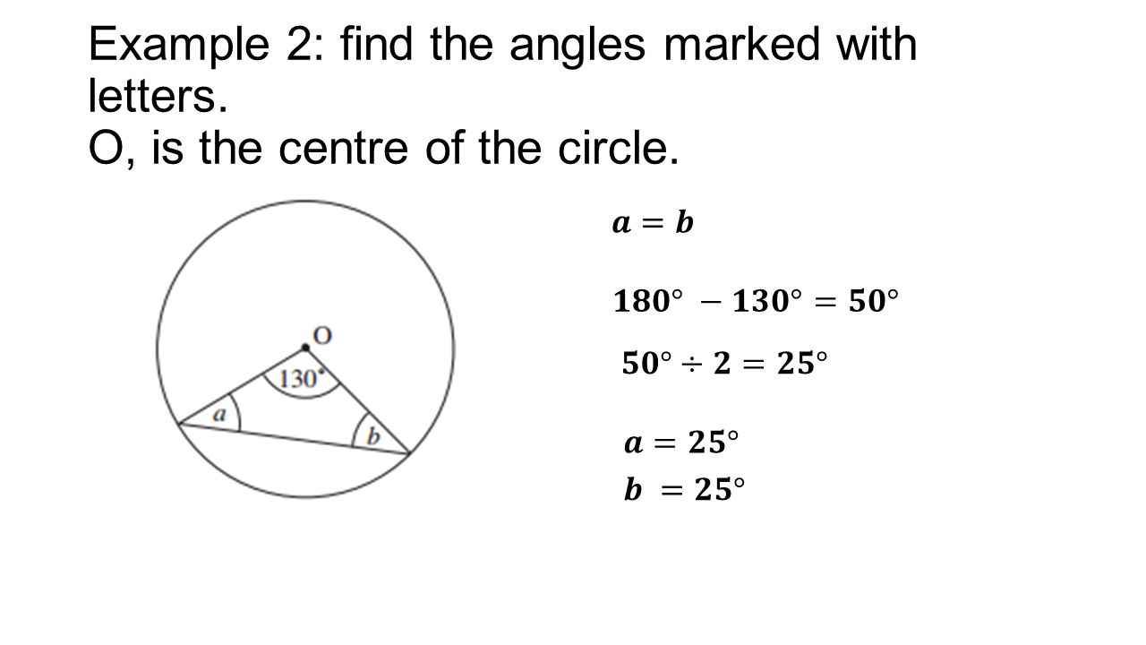 Example 2: find the angles marked with letters. O, is the centre of the circle.