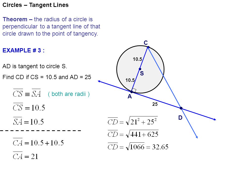 Circles – Tangent Lines Theorem – the radius of a circle is perpendicular to a tangent line of that circle drawn to the point of tangency.
