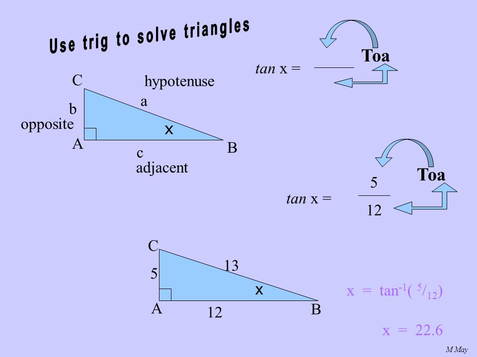 M May x A B C a b c Toa hypotenuse adjacent opposite A C B x tan x = 5 12 Toa x = tan -1 ( 5 / 12 ) x = 22.6