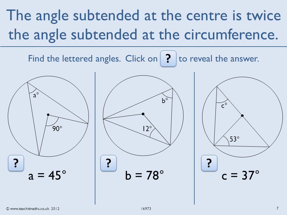 © The angle subtended at the centre is twice the angle subtended at the circumference.