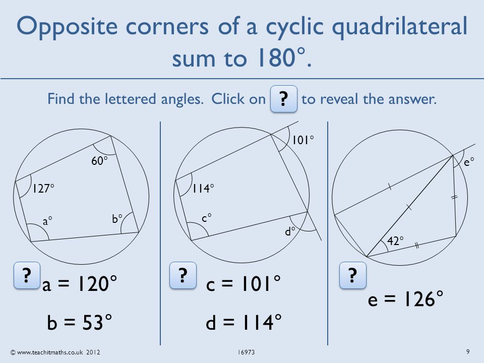 © Opposite corners of a cyclic quadrilateral sum to 180°.