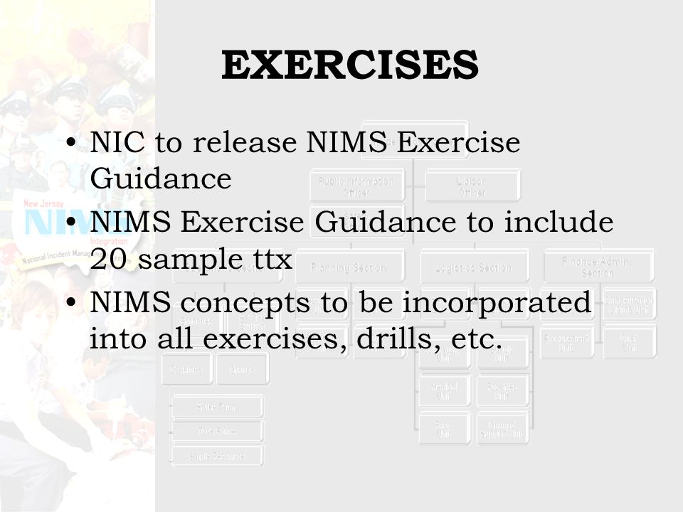 EXERCISES NIC to release NIMS Exercise Guidance NIMS Exercise Guidance to include 20 sample ttx NIMS concepts to be incorporated into all exercises, drills, etc.